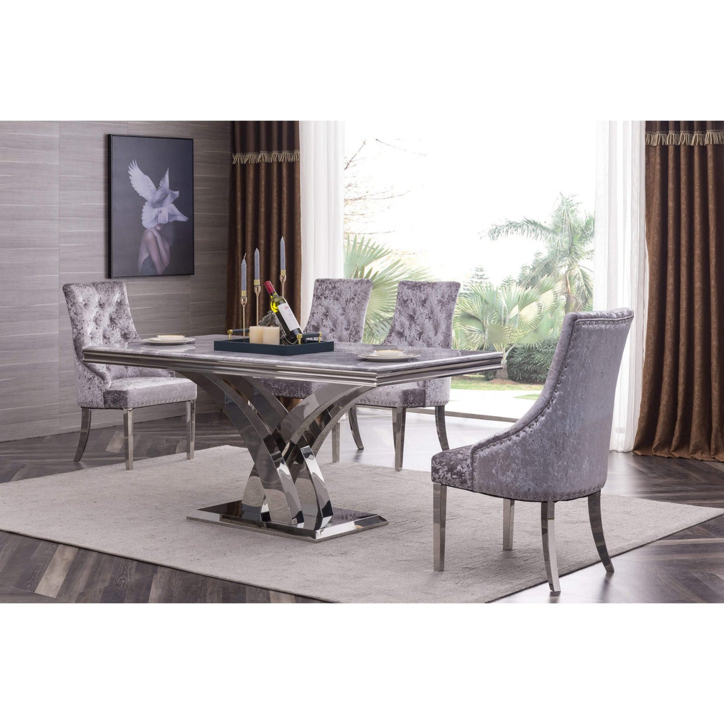 Zenith Velvet Fabric Dining Chair Grey with Stainless Steel Legs (Set of 2)