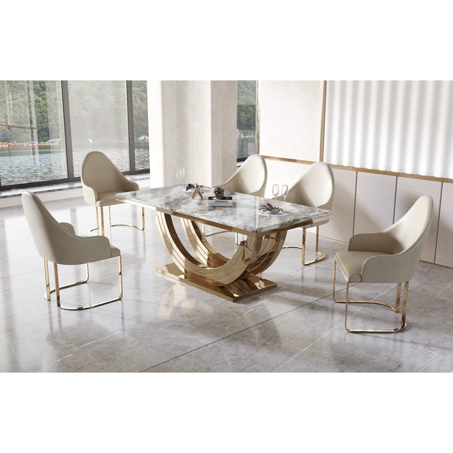 Midas PU Dining Chair Cream with Stainless Steel Legs Gold (Set of 2)